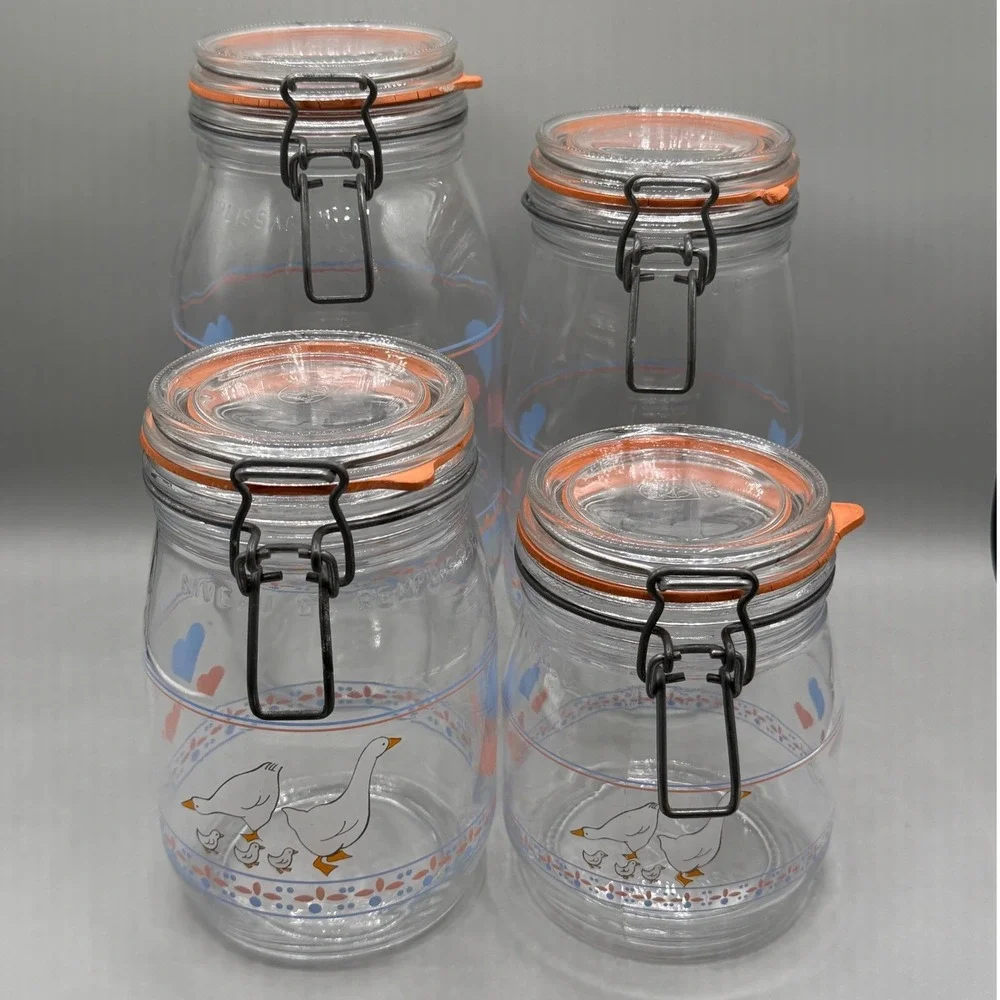 Vintage ARC France Hearts & Geese Glass Canister Set 4 Clamp Lid Wire Bail Jars
